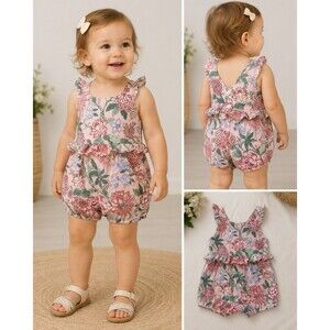Janie and Jack Floral Romper | 12-18M | Pink Botanical Summer Outfit